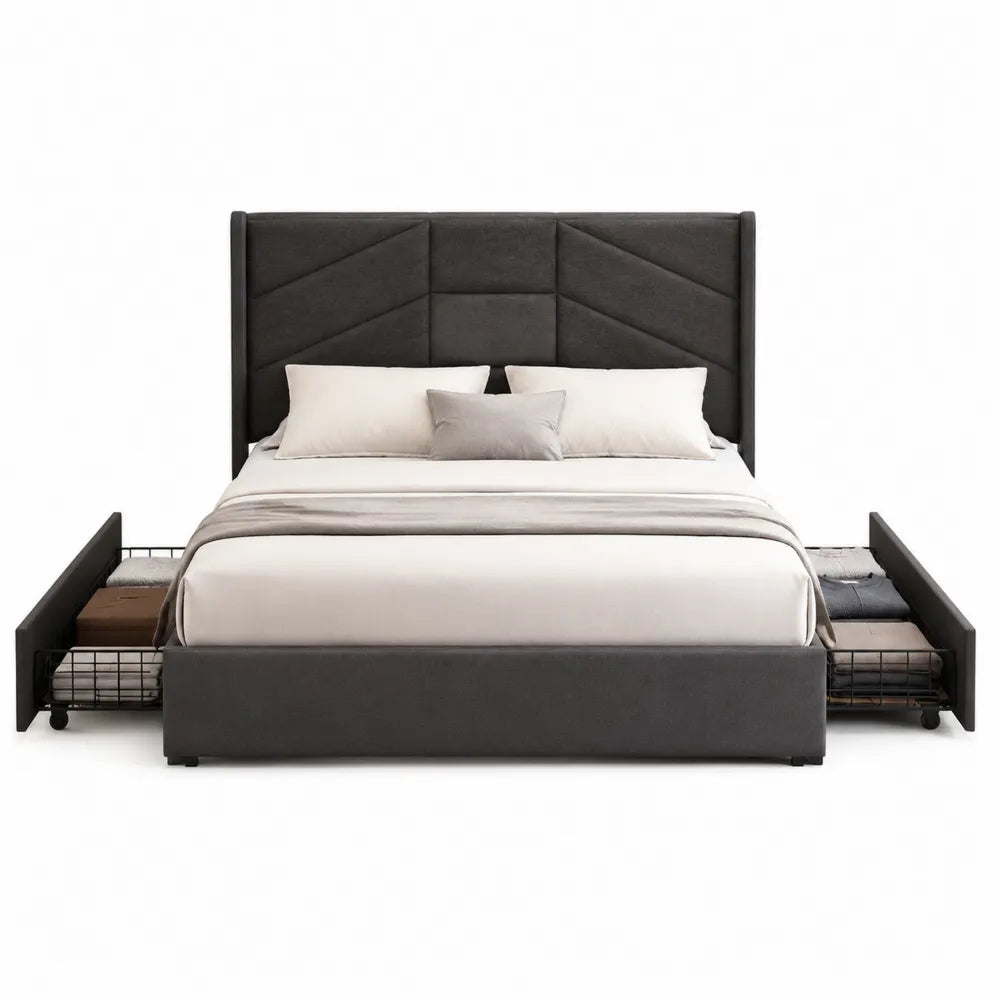 King Size Polyester Upholstered Bed Frame with Storage Drawers