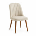 Beige Linen Upholstered Dining Chair with Solid Wood Legs