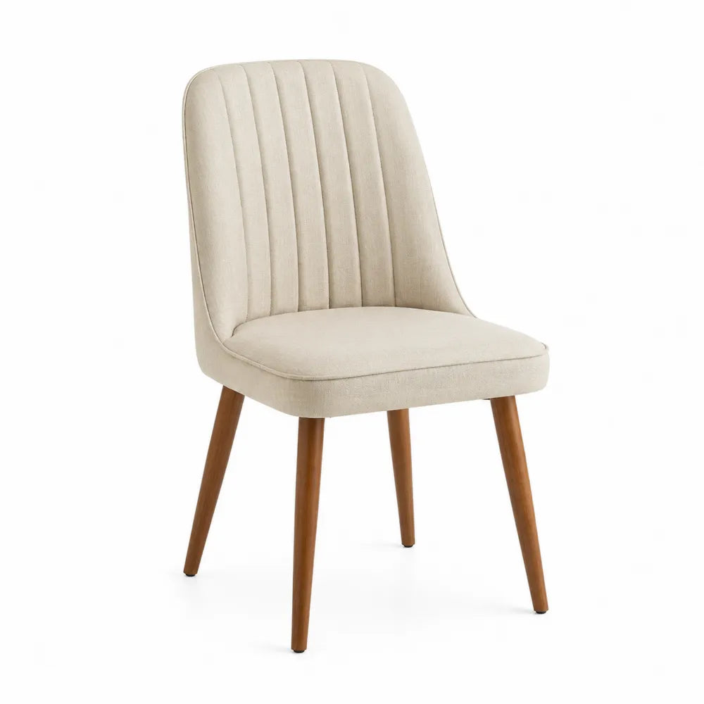 Beige Linen Upholstered Dining Chair with Solid Wood Legs