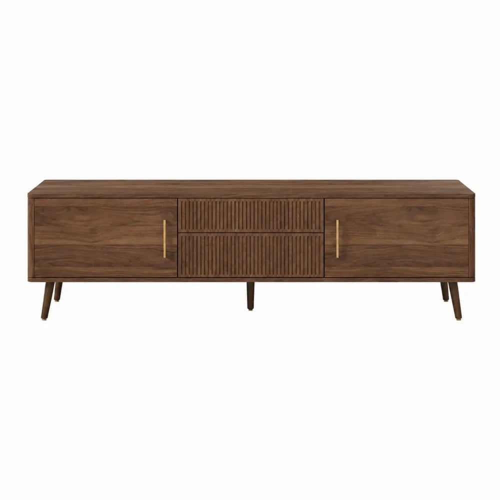 Walnut Wood TV Stand with 2 Cabinets and Slatted Center Drawer 180 cm