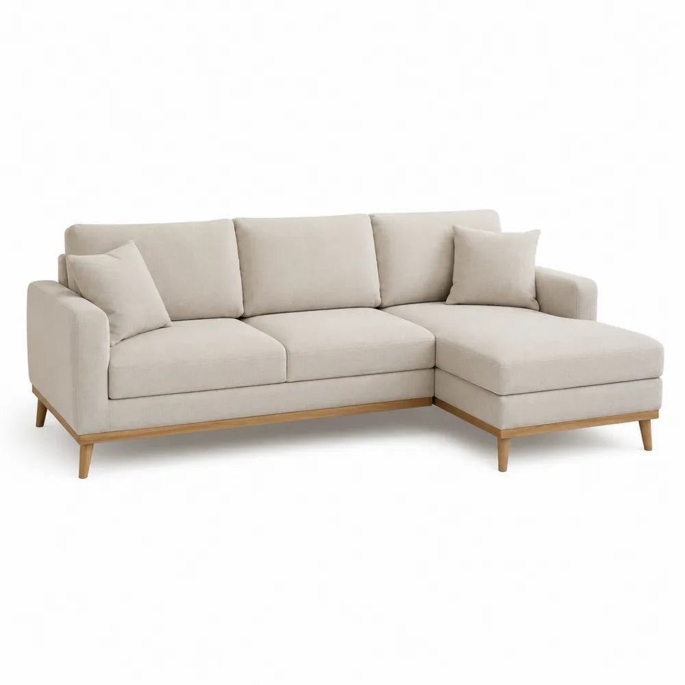L-Shaped Fabric Sectional Sofa Beige with Wooden Frame