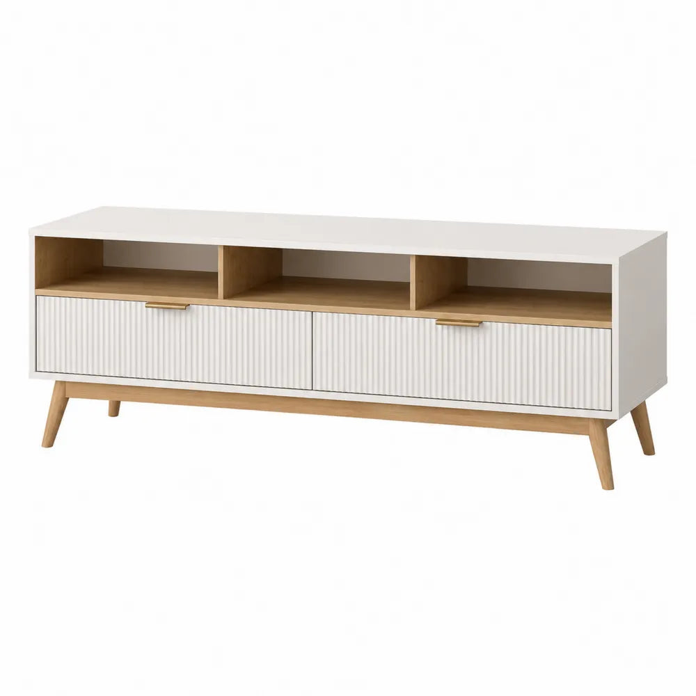 White Oak TV Stand with Two Drawers and Three Compartments, MDF and Solid Wood, 150cm