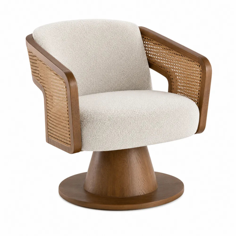Swivel Lounge Chair with Fabric Seat and Wooden Base Beige