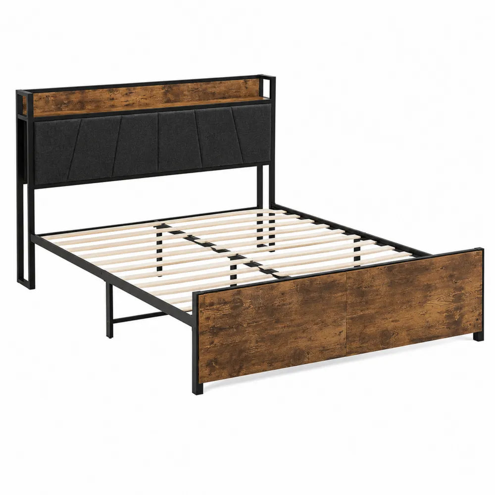 Queen Bed Frame with Metal and Wood Construction, Upholstered Headboard, Rustic Brown and Black