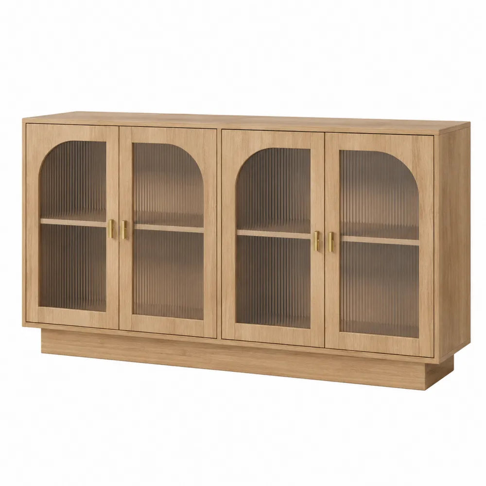 Wooden Sideboard with Tempered Glass Doors and Oak Veneer