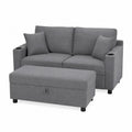 Gray Fabric Sofa and Ottoman Set with Cup Holders
