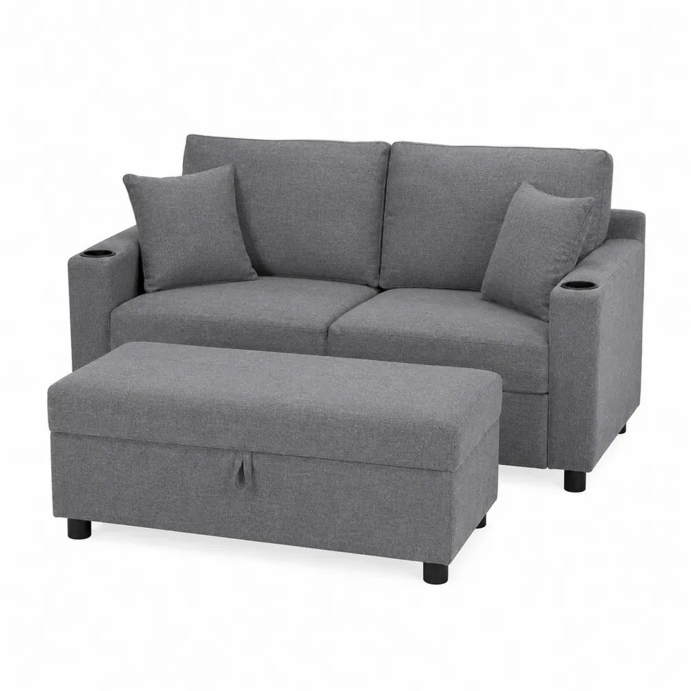Gray Fabric Sofa and Ottoman Set with Cup Holders