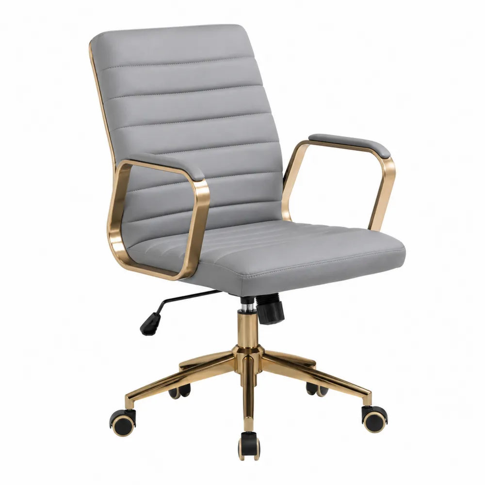Office Chair with Gold Metal Base and Grey Faux Leather Upholstery