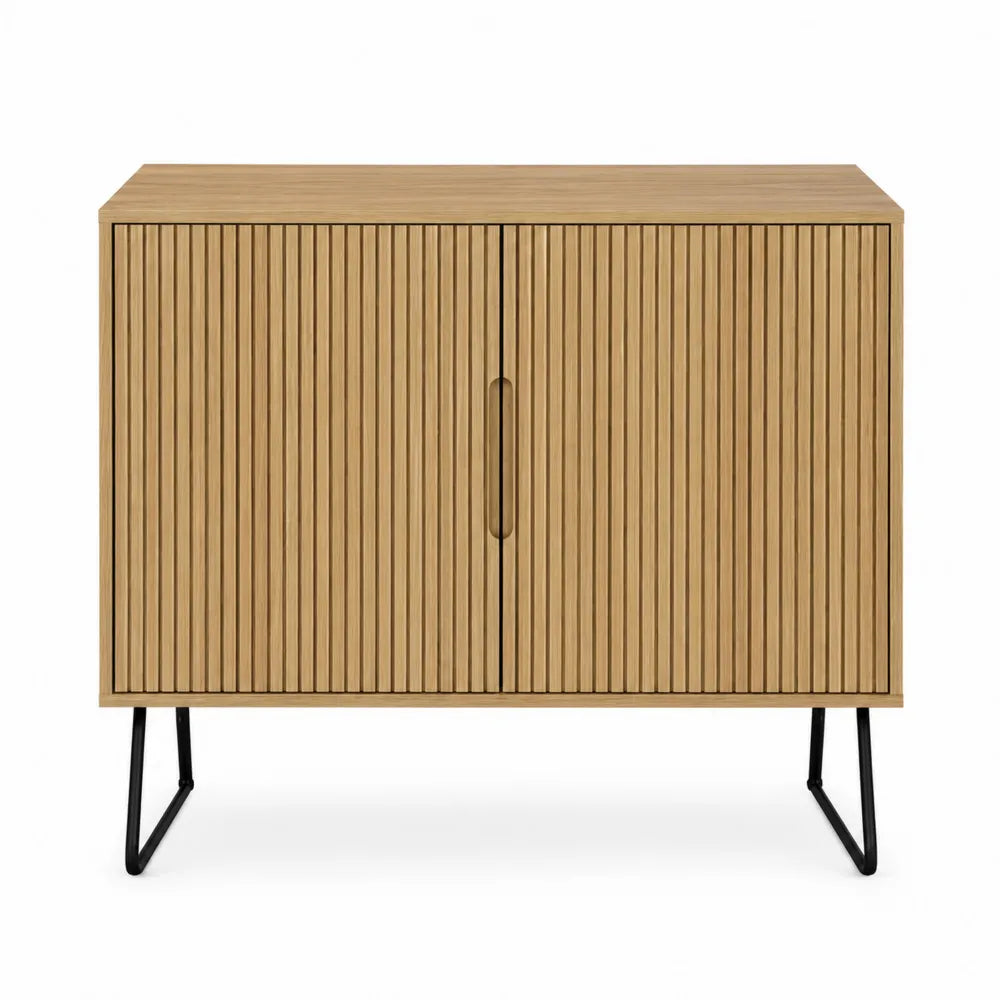 Wood Cabinet with Vertical Slats and Black Metal Legs, 90cm x 40cm x 75cm