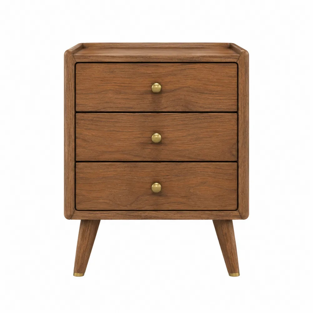 Walnut Wood Nightstand with Brass Knobs 3 Drawers 60cm x 40cm x 70cm