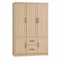 3-Door Wood Wardrobe with Drawer Storage, Light Oak Finish