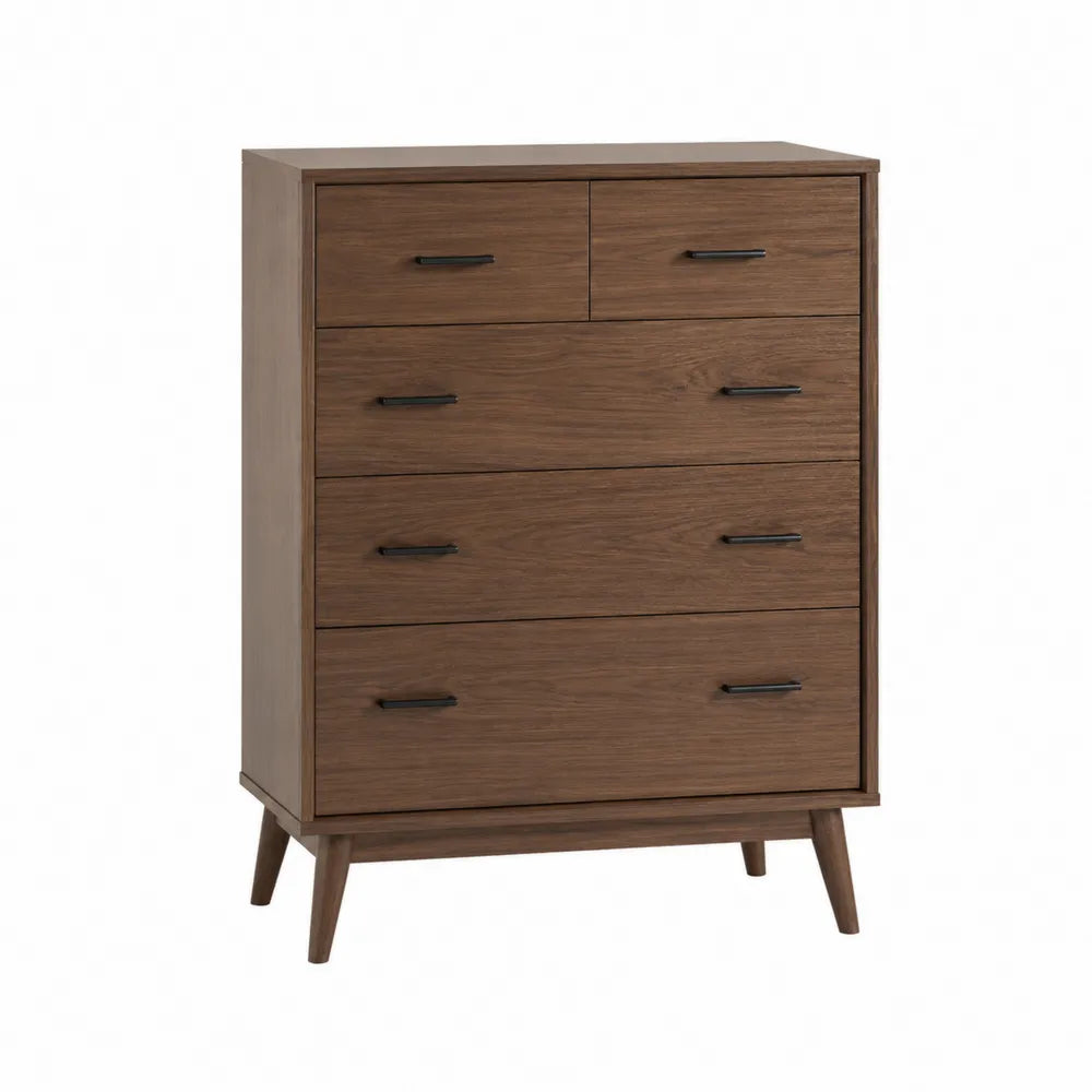 Wood Veneer Chest of Drawers with Metal Handles, Walnut, 100cm Height