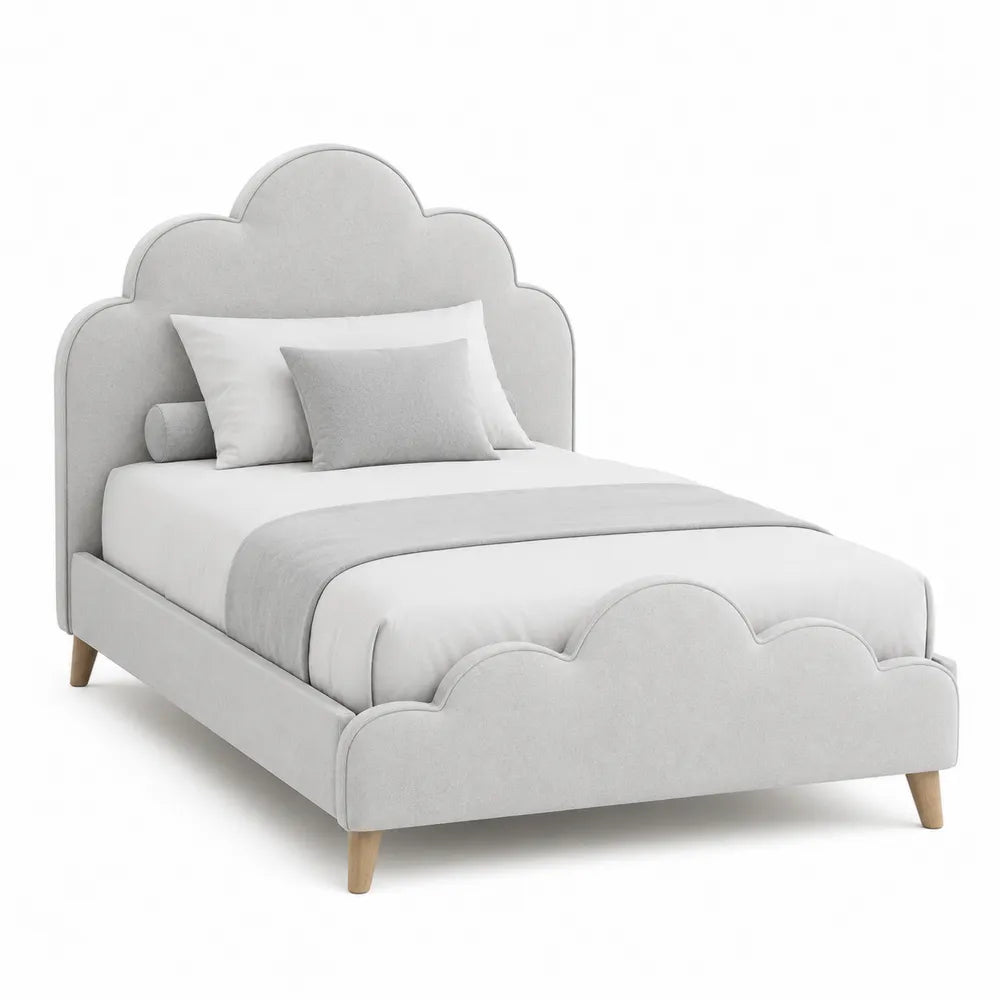 Cloud-Shaped Upholstered Bed Twin Size with Gray Fabric and Wood Legs
