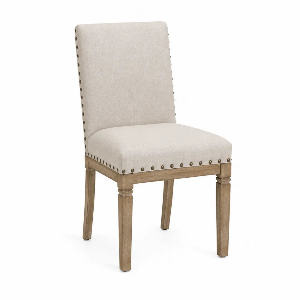 Linen Upholstered Oak Wood Dining Chair with Nailhead Trim 48cm x 56cm x 95cm