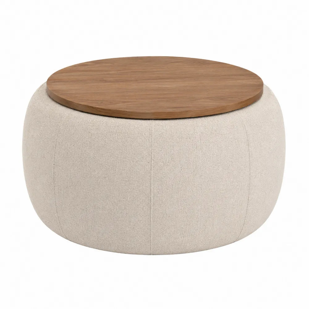 Beige Ottoman with Wood Top
