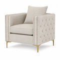 Beige Fabric Armchair with Tufted Back and Brass Legs