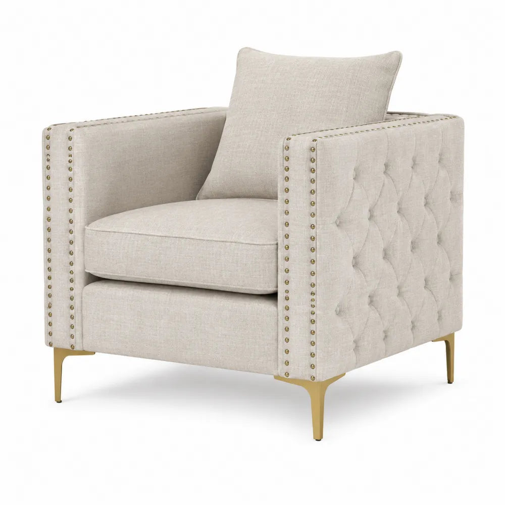 Beige Fabric Armchair with Tufted Back and Brass Legs