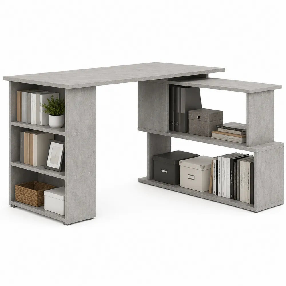 L-Shaped Wooden Desk with Shelves Concrete Gray 140x120x76 cm
