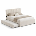 Beige Fabric Upholstered Bed with Pull-Out Trundle and Headboard