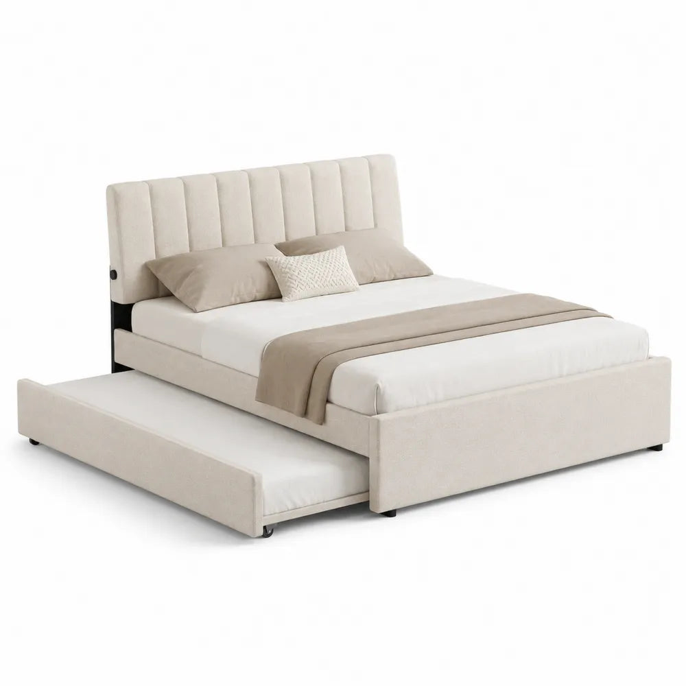 Beige Fabric Upholstered Bed with Pull-Out Trundle and Headboard