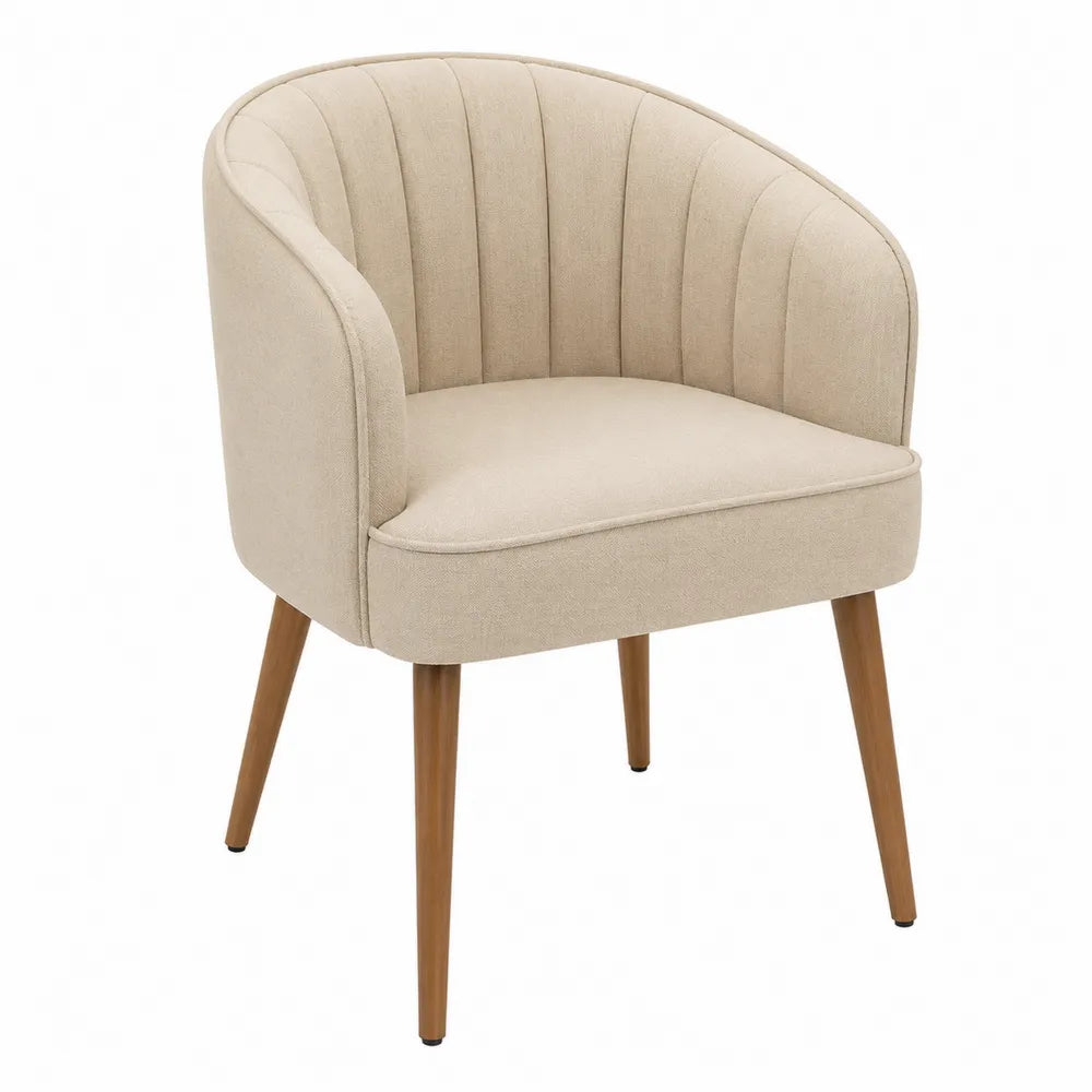 Beige Upholstered Barrel Chair with Solid Wood Legs
