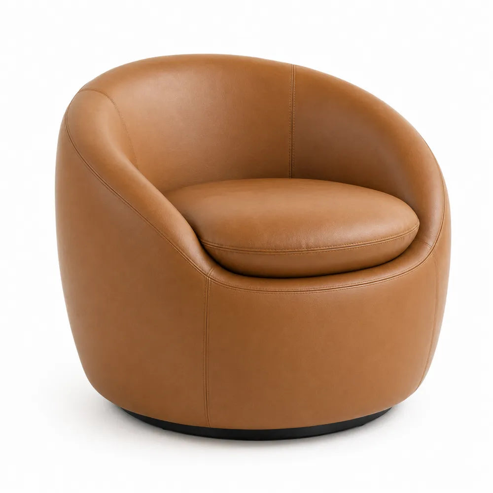 Leather Swivel Barrel Chair Brown