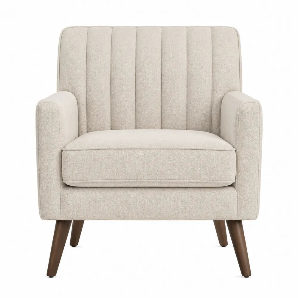 Beige Fabric Armchair with Solid Wood Legs