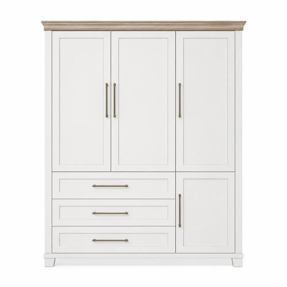 White MDF Wardrobe Armoire with Oak Accent and 3 Doors