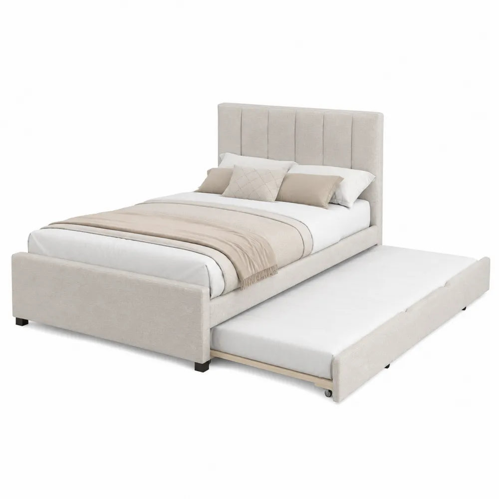 Beige Linen Upholstered Bed with Trundle
