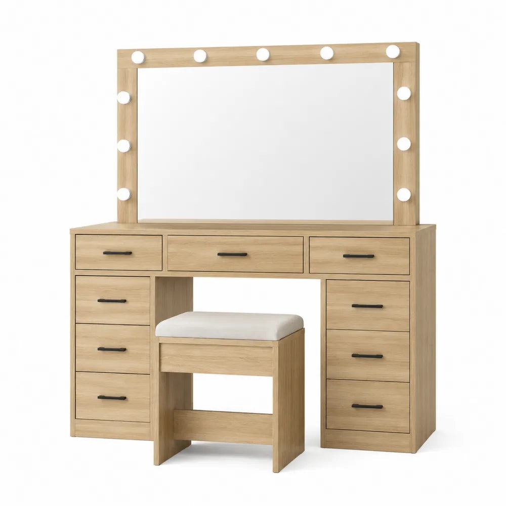 Oak Wood Vanity Dresser Set with Mirror and Lights, 7-Drawer
