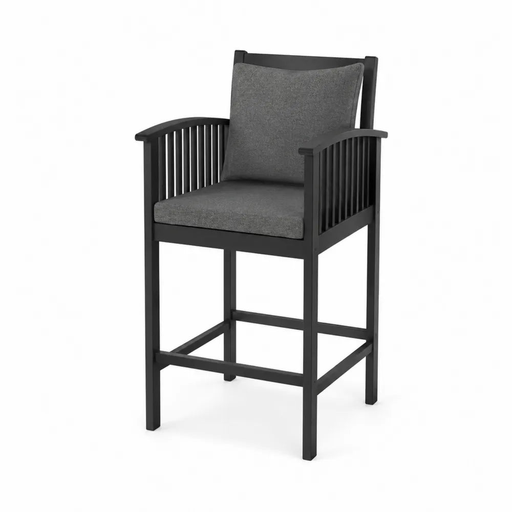 Wooden Outdoor High Back Armchair with Cushions, Black Frame, Dark Gray Fabric