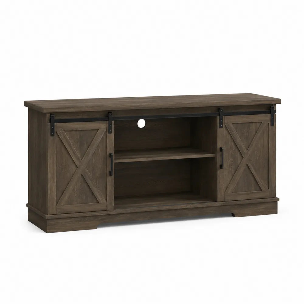 Wooden TV Stand with Sliding Barn Doors and Storage Shelves 152cm