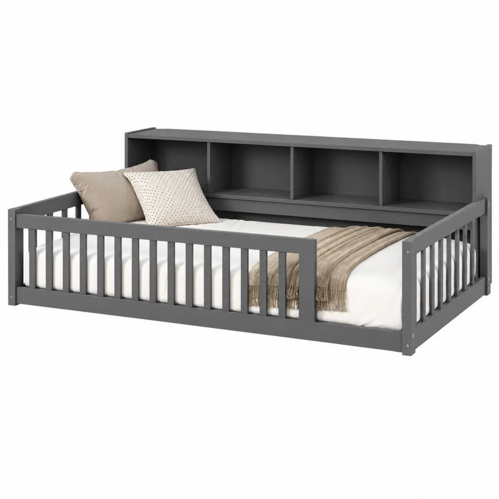 Gray Wood Daybed with Bookshelf and Slatted Guardrails