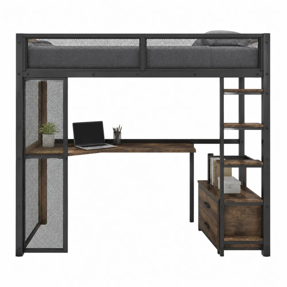 Metal and Wood Loft Bed Frame with Desk and Shelves Black 198x109x180 cm