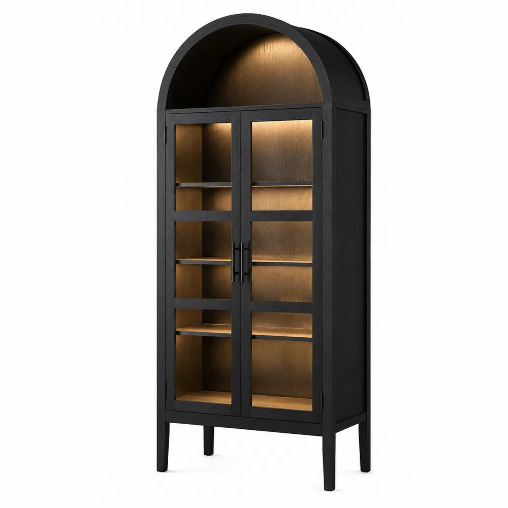 Arched Glass Door Cabinet with Solid Wood Black 200cm