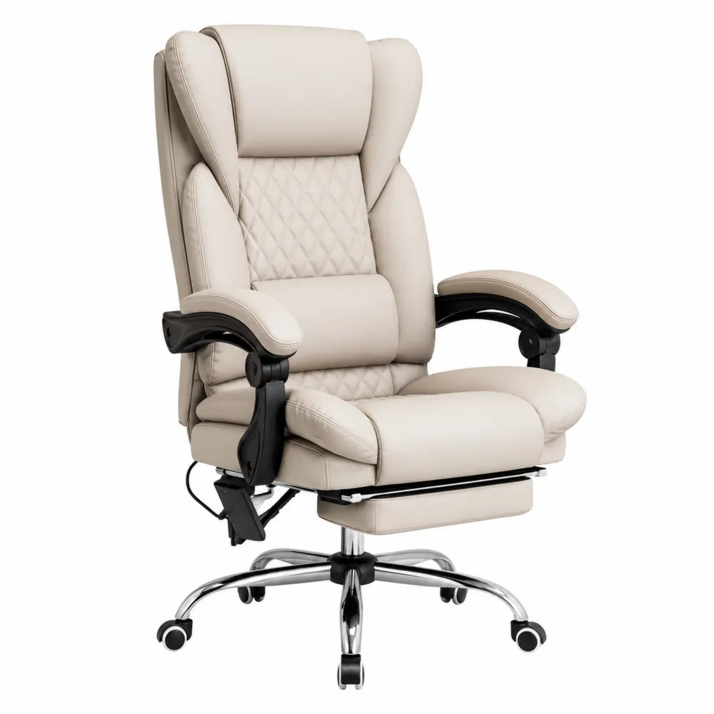 Reclining Office Chair Ergonomic Leather Beige High-Back with Footrest