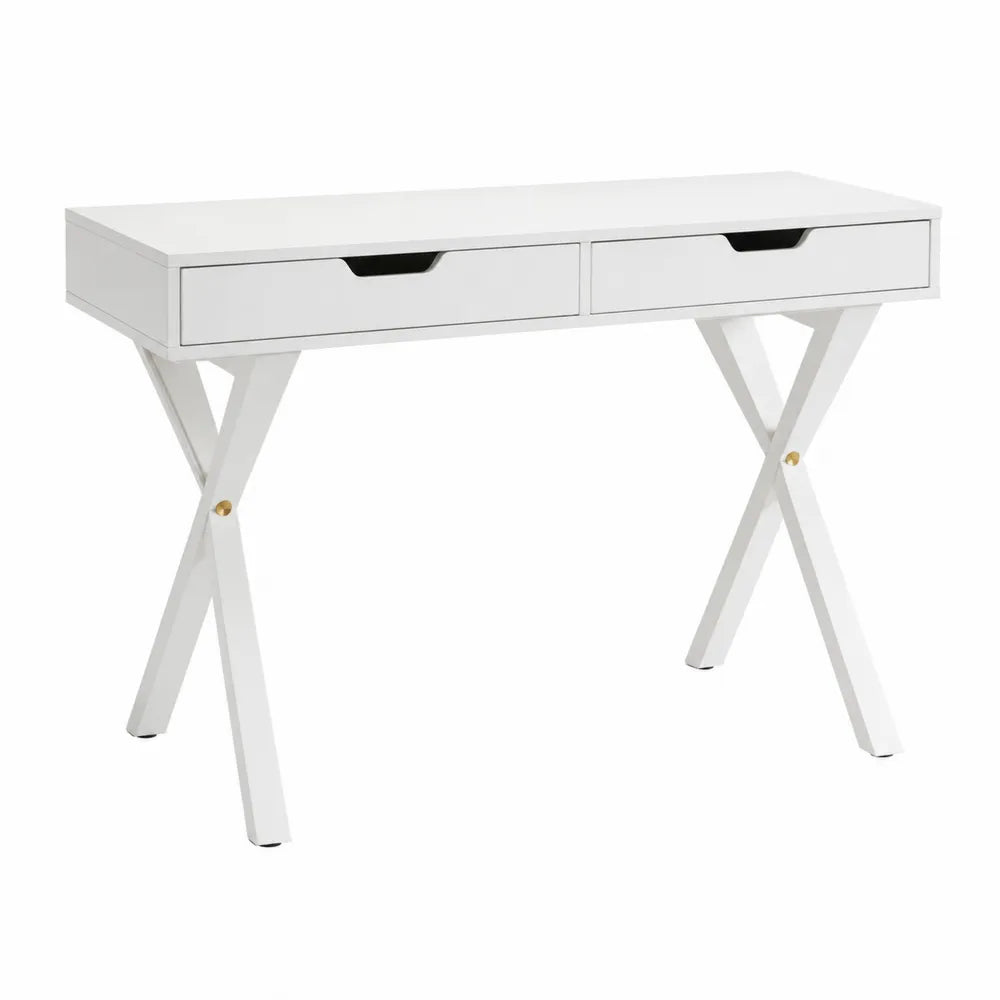 White MDF and Metal Desk with X-Shaped Legs and Drawers