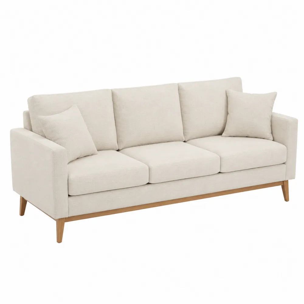 Beige Fabric Three-Seater Sofa with Wood Legs 210cm