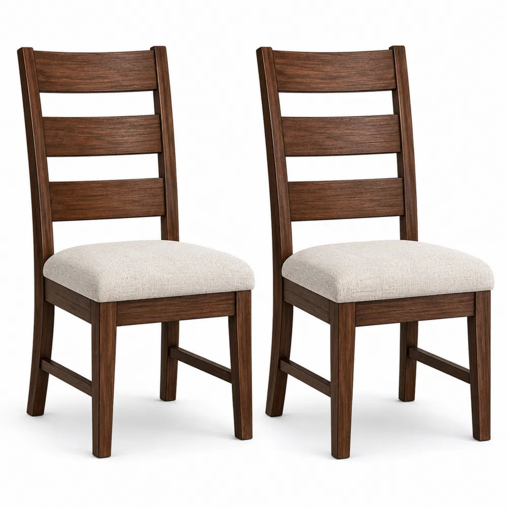 Set of 2 Solid Wood Dining Chairs with Beige Upholstered Seats