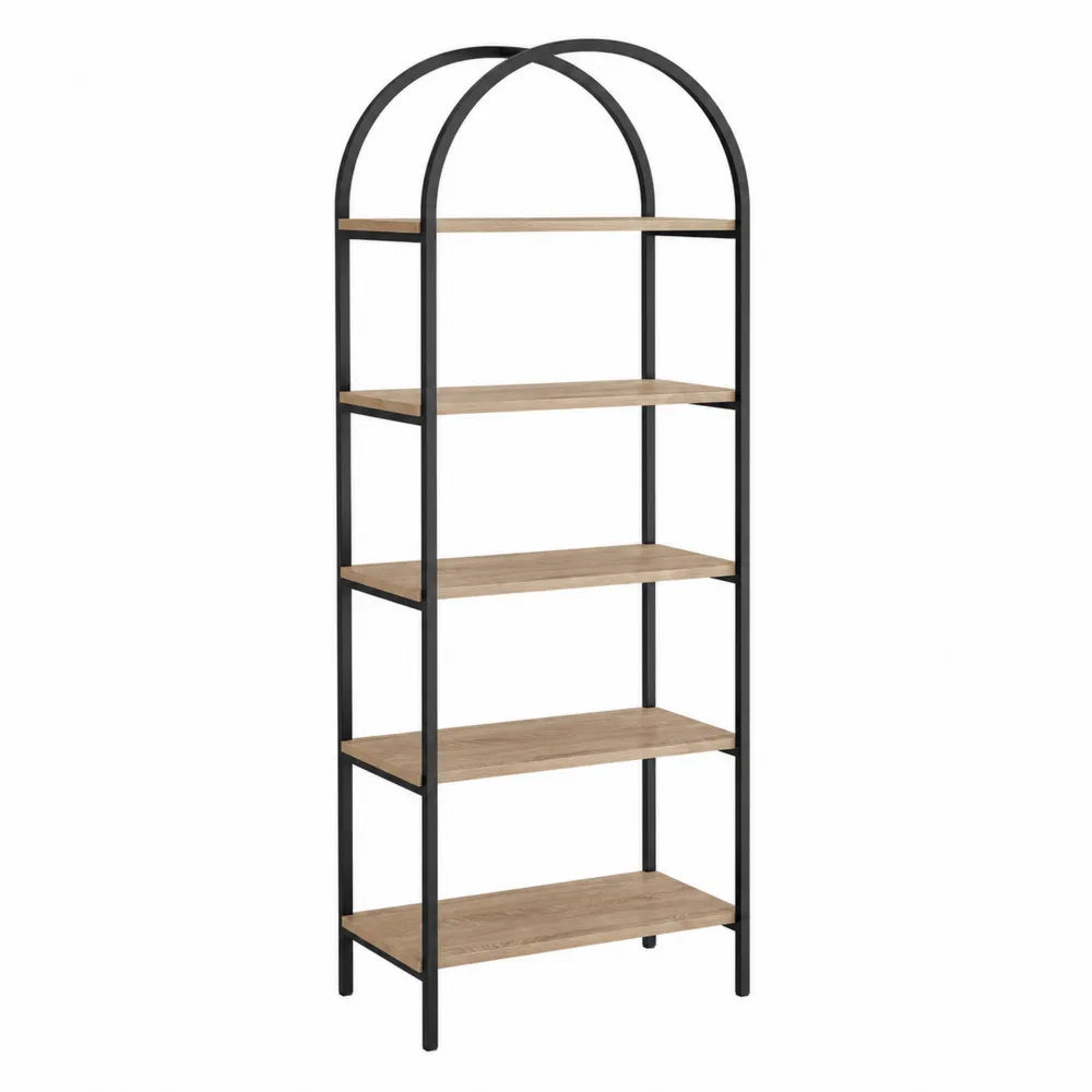 5-Tier Arched Metal Frame Bookshelf with MDF Wood Shelves Black/Brown 180cm