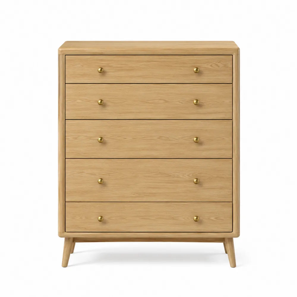 Wood 5-Drawer Dresser with Brass Knobs Natural Finish 120cm Height