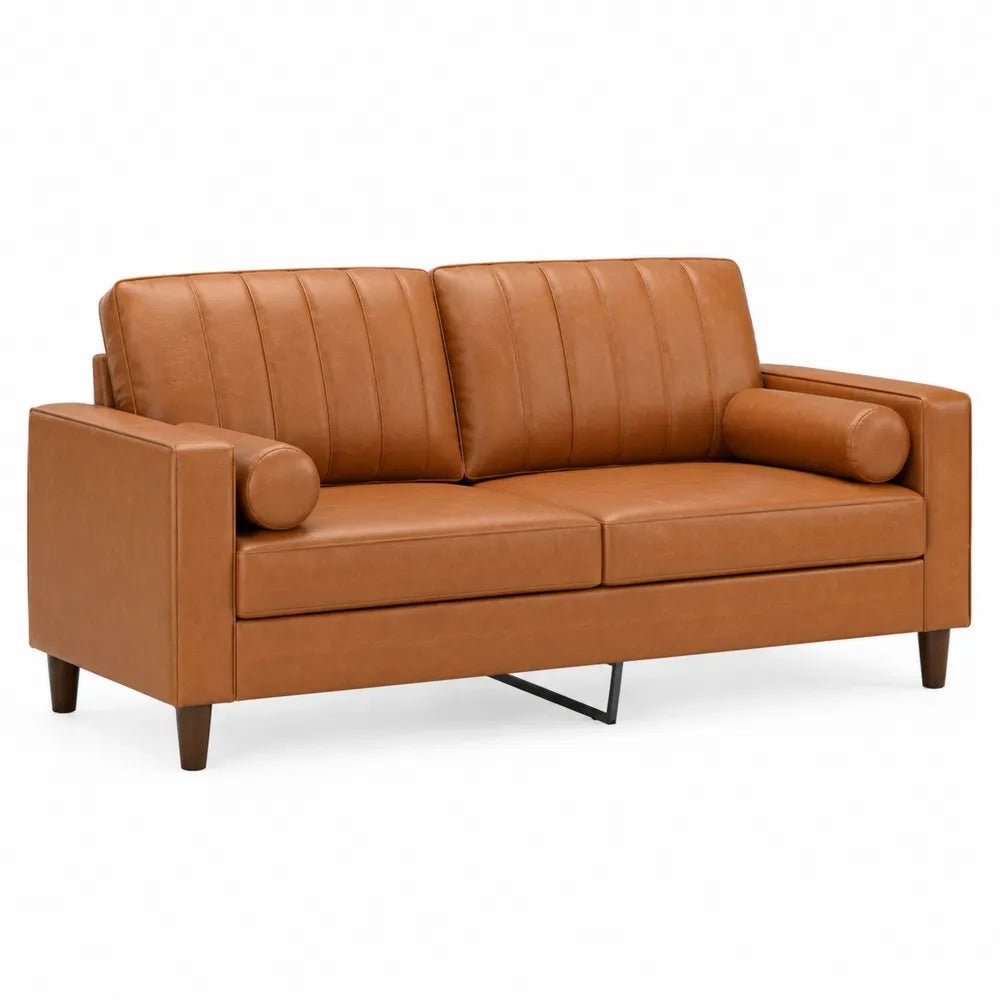 Brown Faux Leather Sofa with Cushions 190cm