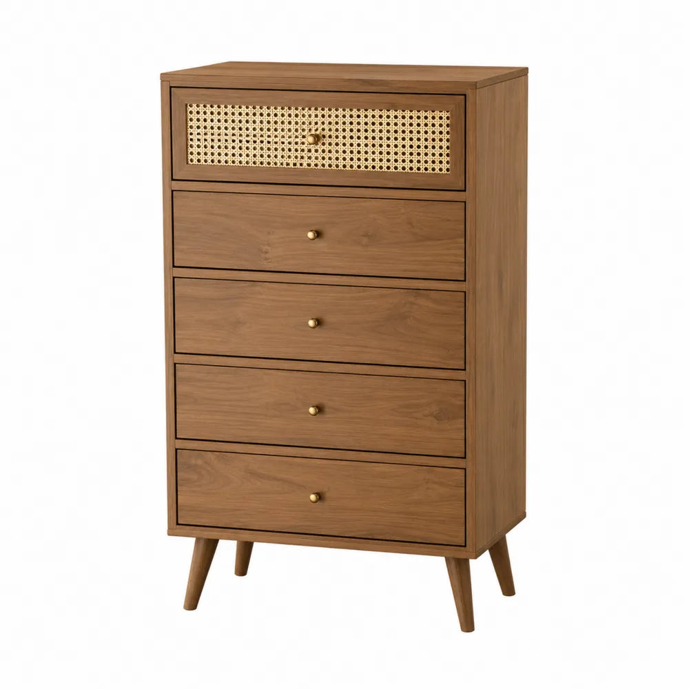 Wood Dresser with Rattan Drawer Front and Brass Knobs