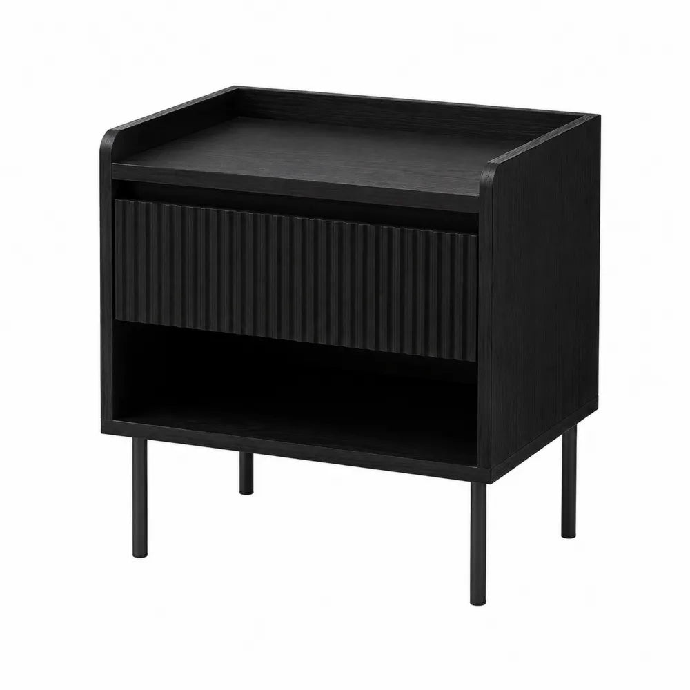 Wood Nightstand with Ribbed Drawer Black 60 cm