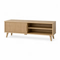 Oak Wood TV Stand with Open Shelves and Sliding Doors