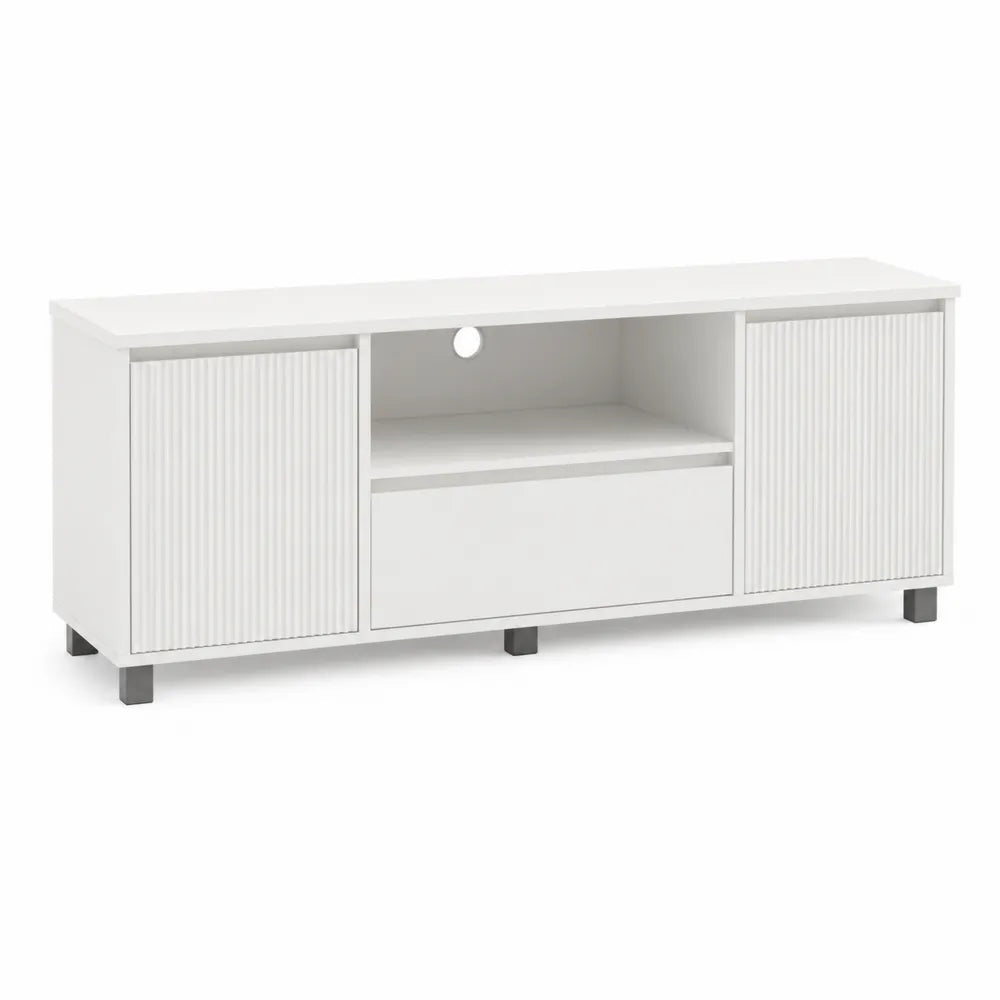 White MDF TV Stand with Shelves and Drawer