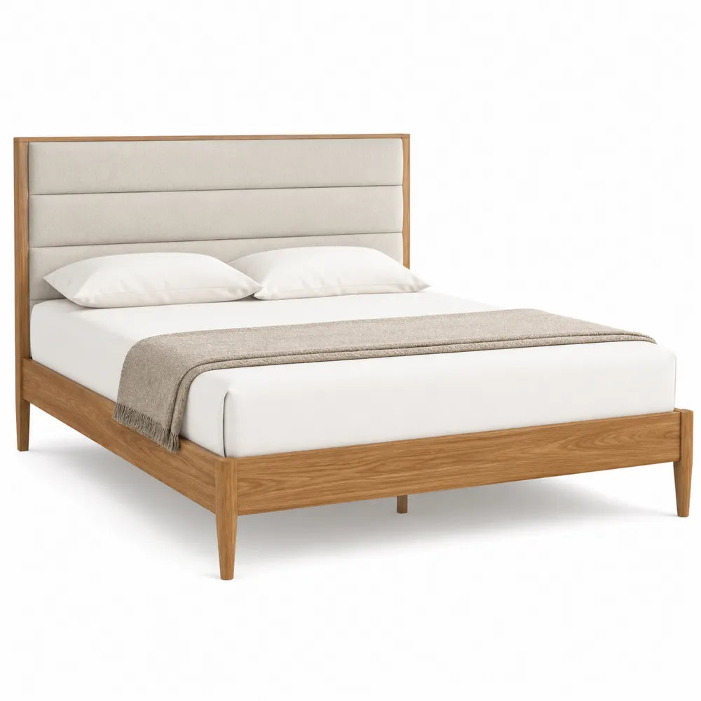 Upholstered Wooden Bed with Headboard Solid Oak Frame Beige Polyester Fabric Full Size