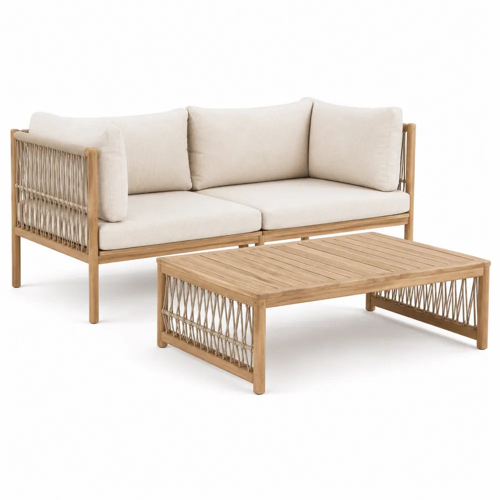 Teak Wood Outdoor Sectional Sofa Set with Beige Cushions and Coffee Table