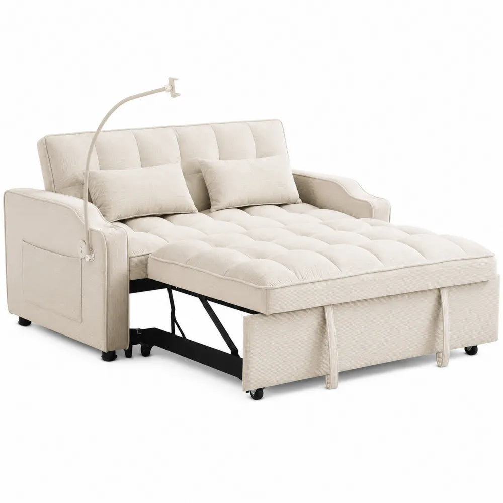 Polyester Fabric Convertible Sleeper Sofa Bed Beige with Pillows 210 cm