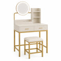 Vanity Set with LED Mirror and Stool MDF and Metal White and Gold